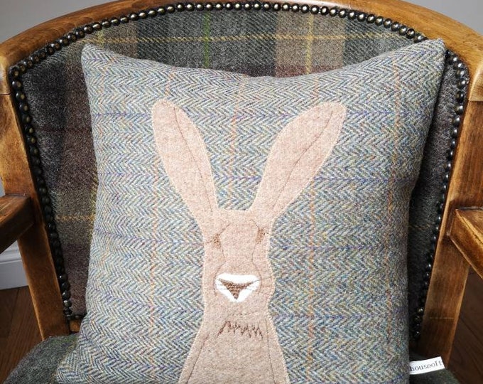 Hand crafted Harris Tweed Hare embroidered cushion cover