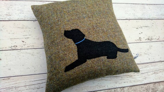 Hand Crafted Harris Tweed black lab embroidered cushion cover