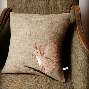 Hand Crafted Harris Tweed squirrel embroidered Cushion cover