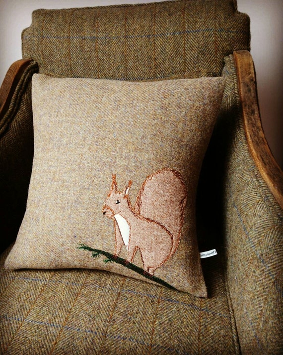 Hand Crafted Harris Tweed squirrel embroidered Cushion cover