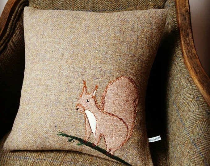Hand Crafted Harris Tweed squirrel embroidered Cushion cover