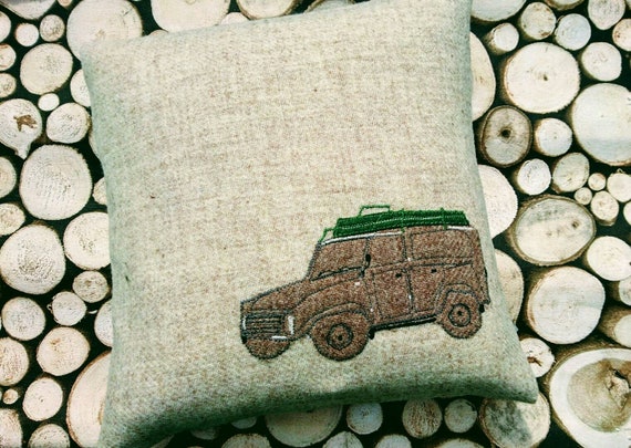 Hand Crafted Harris Tweed land rover embroidered cushion cover