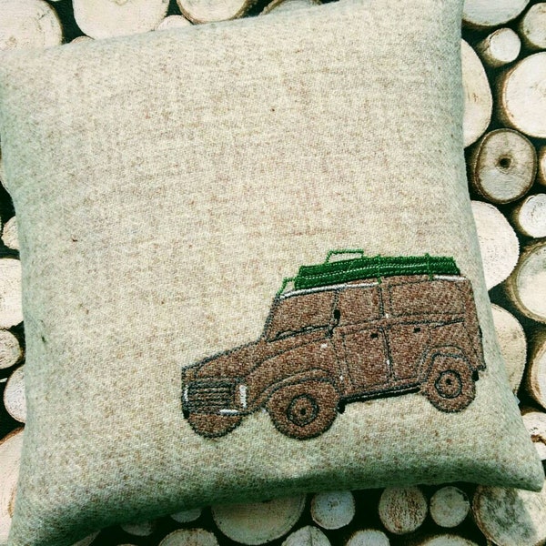 Hand Crafted Harris Tweed land rover embroidered cushion cover