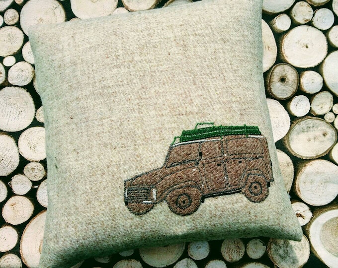 Hand Crafted Harris Tweed land rover embroidered cushion cover