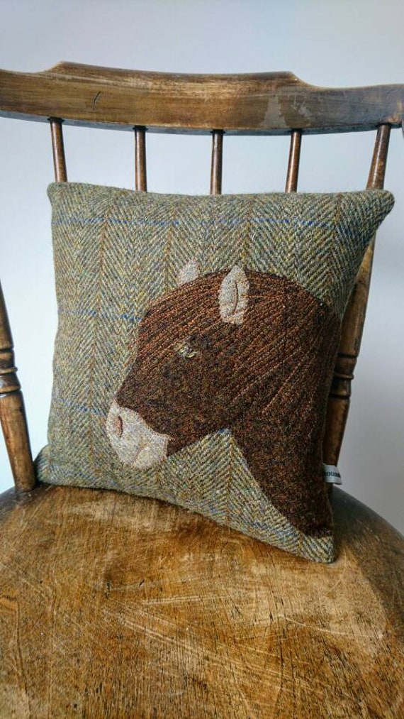 Hand crafted Harris Tweed Pony Design embroidered cushion cover.