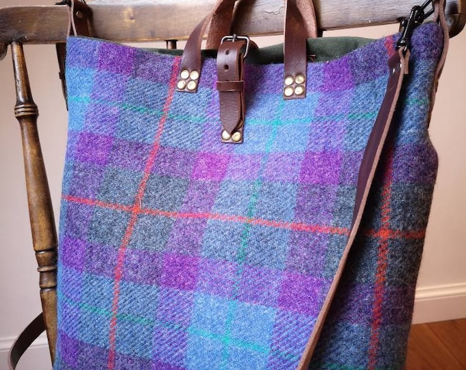 Hand Crafted Harris Tweed tote bag in multicoloured check with real leather handles