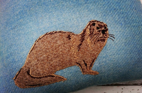 Hand Crafted Harris Tweed Otter embroidered cushion cover