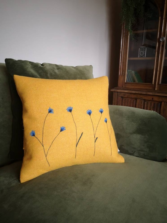 Hand Crafted Harris Tweed summer yellow embroidered cushion cover
