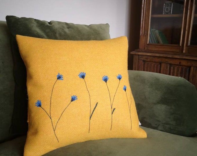 Hand Crafted Harris Tweed summer yellow embroidered cushion cover
