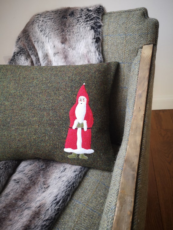 Harris Tweed Santa embroidered Christmas cushion cover