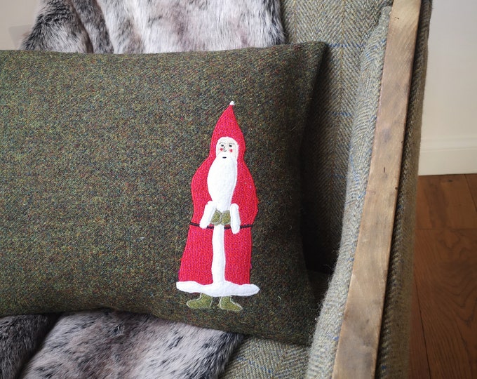 Harris Tweed Santa embroidered Christmas cushion cover
