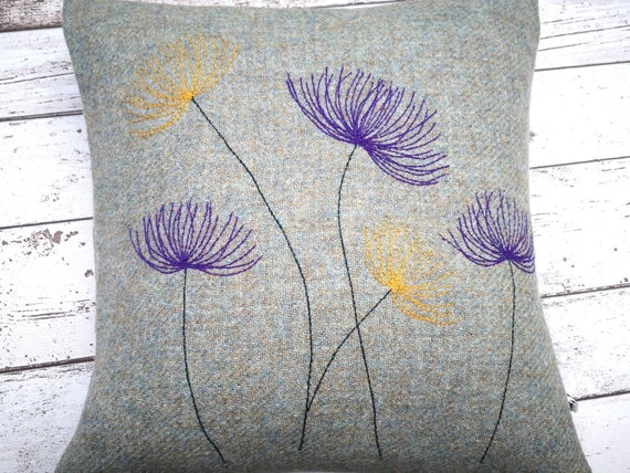 Hand Crafted Harris Tweed floral embroidered cushion cover