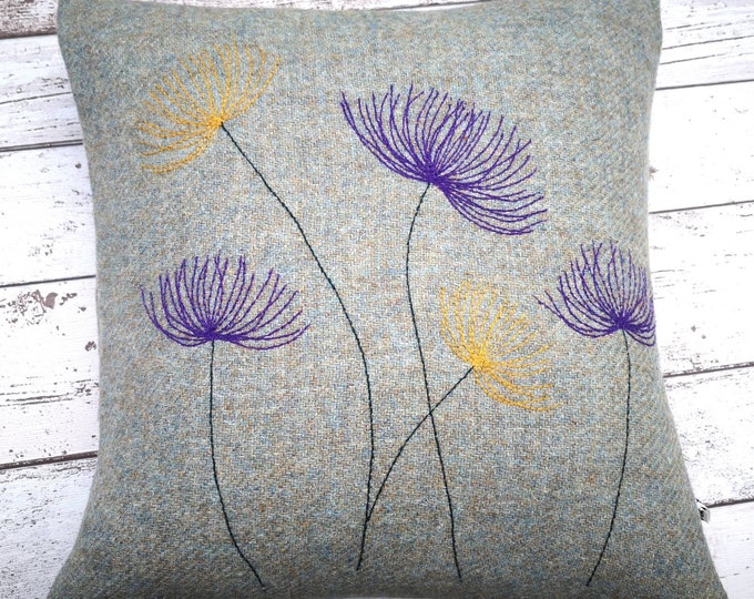 Hand Crafted Harris Tweed floral embroidered cushion cover
