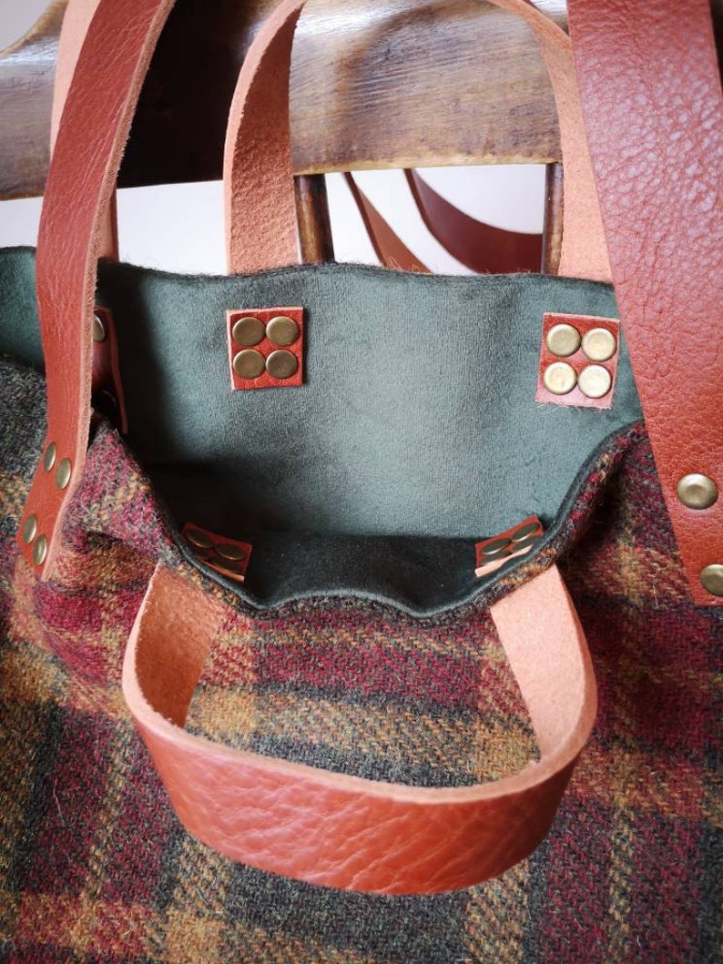 Hand Crafted Harris Tweed tote bag with real leather handles