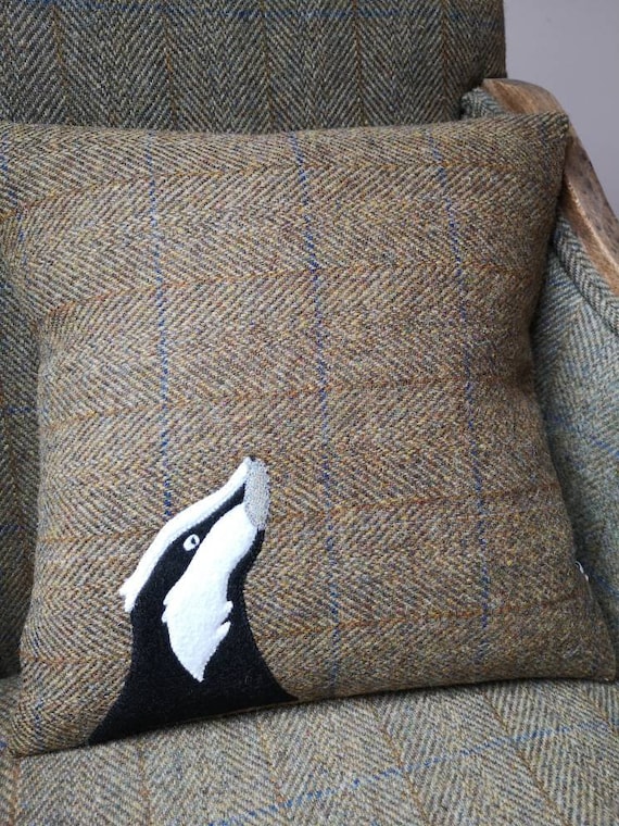 Hand Crafted Harris Tweed badger embroidered cushion cover