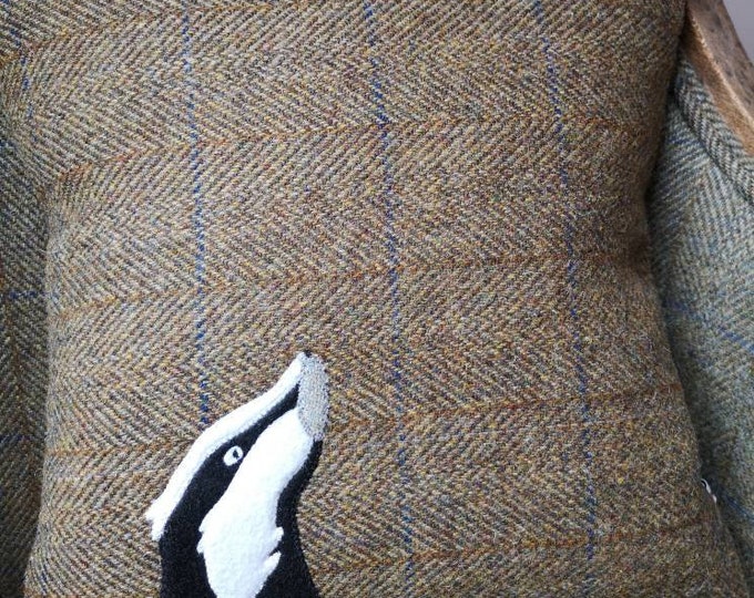 Hand Crafted Harris Tweed badger embroidered cushion cover