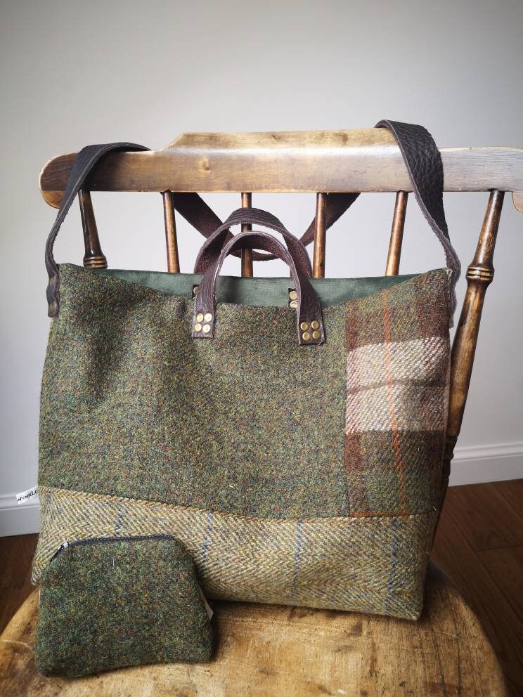 Hand Crafted Harris Tweed tote bag with real leather handles