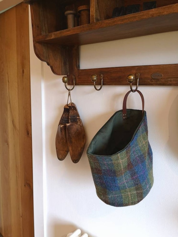 Hand Crafted Harris Tweed storage solution, basket with real leather handle
