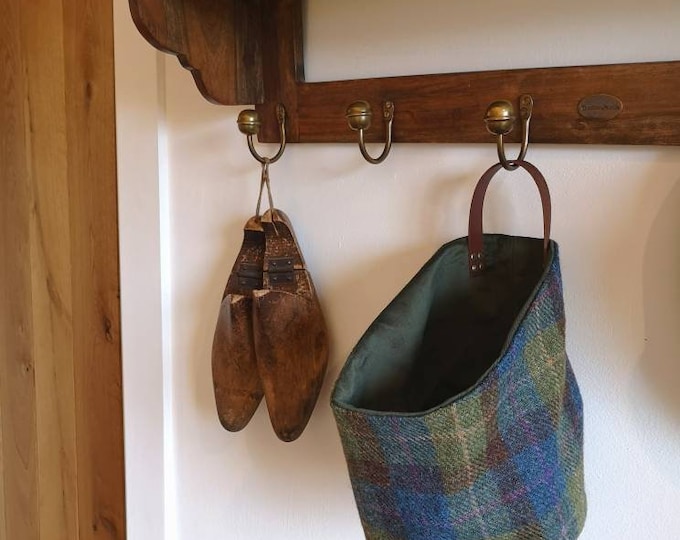 Hand Crafted Harris Tweed storage solution, basket with real leather handle