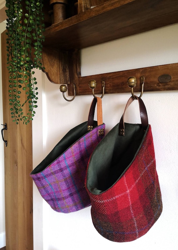 Hand Crafted Harris Tweed storage solution, basket with real leather handle