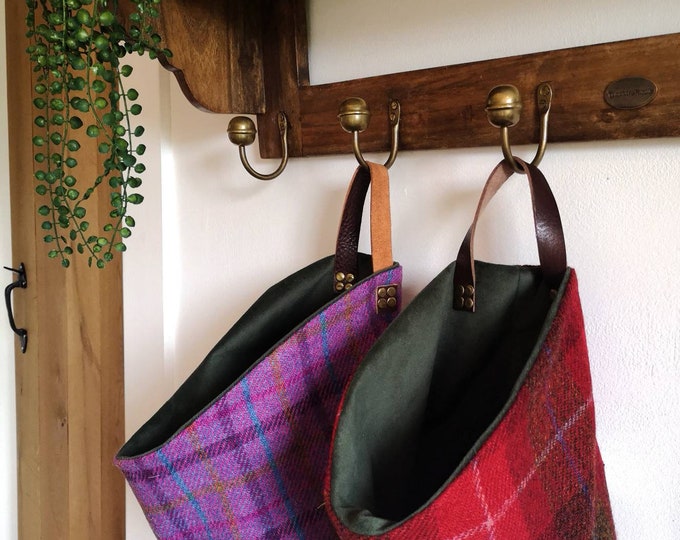 Hand Crafted Harris Tweed storage solution, basket with real leather handle