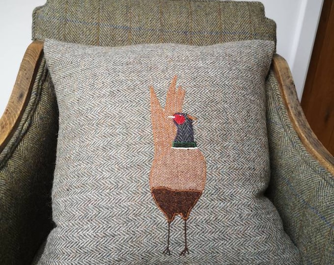 Big Hand Crafted Harris Tweed  Pheasant embroidered Cushion cover