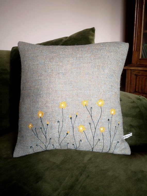 Hand Crafted Harris Tweed floral embroidered cushion cover