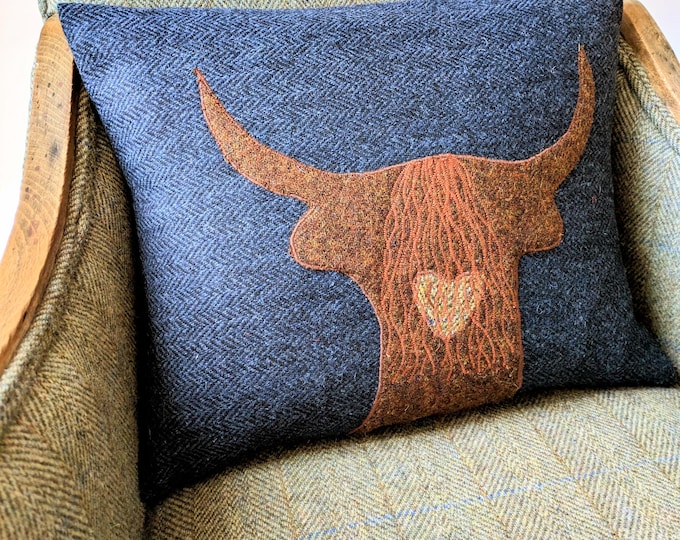Hand Crafted Harris Tweed Highland Cow embroidered Cushion cover