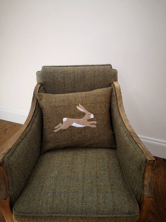 Hand Crafted Harris Tweed hare embroidered cushion cover