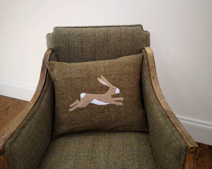 Hand Crafted Harris Tweed hare embroidered cushion cover