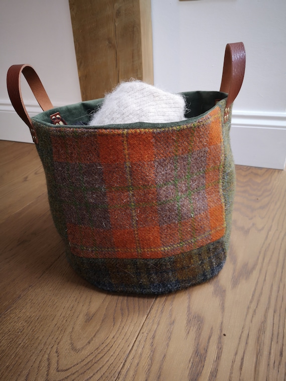 Harris Tweed storage solution, basket with real leather handles