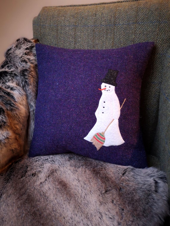 Harris Tweed Snowman embroidered Christmas cushion cover