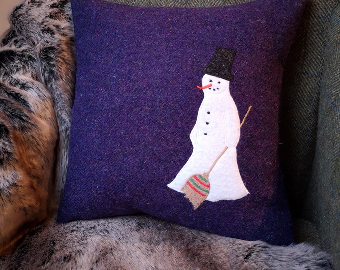 Harris Tweed Snowman embroidered Christmas cushion cover