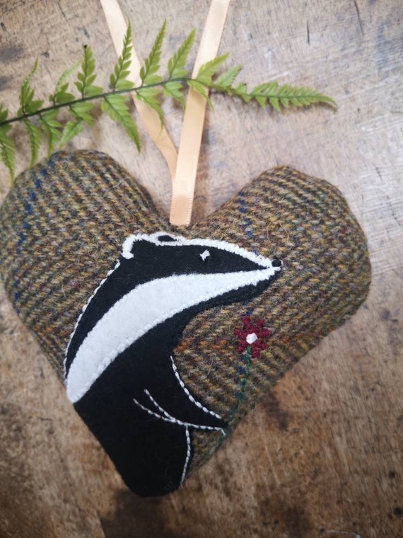 Hand crafted Harris Tweed badger design embroidered hanging heart decoration