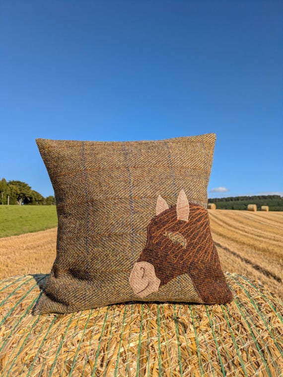 Hand crafted Harris Tweed Pony Design embroidered cushion cover.