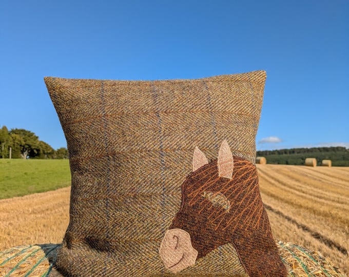 Hand crafted Harris Tweed Pony Design embroidered cushion cover.