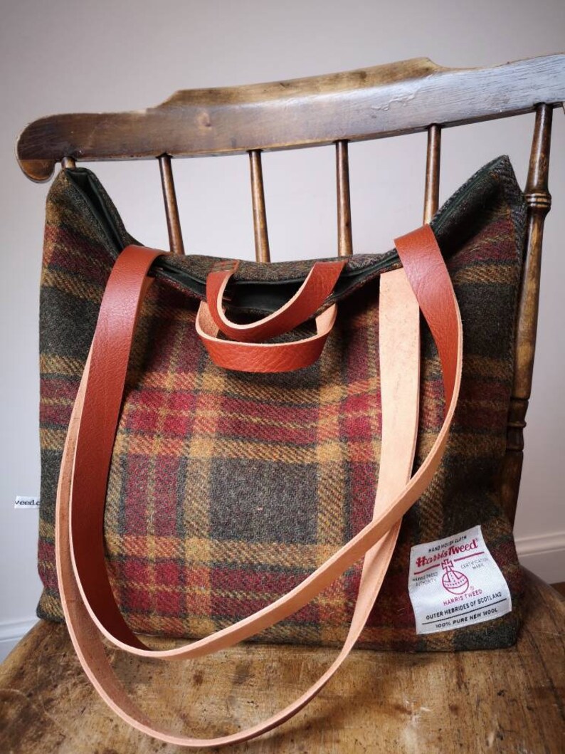 Hand Crafted Harris Tweed tote bag with real leather handles