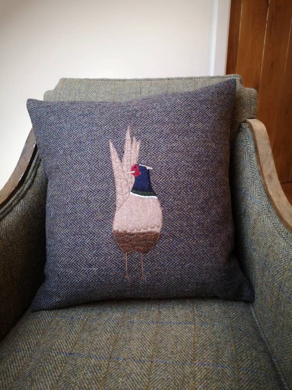Big Hand Crafted Harris Tweed Pheasant embroidered cushion cover