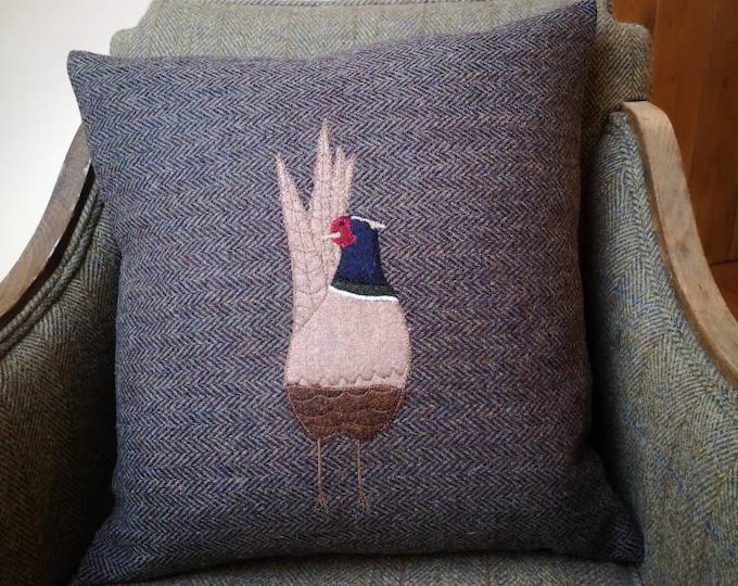 Big Hand Crafted Harris Tweed Pheasant embroidered cushion cover