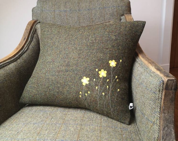 Hand Crafted Harris Tweed floral cushion cover in moss green