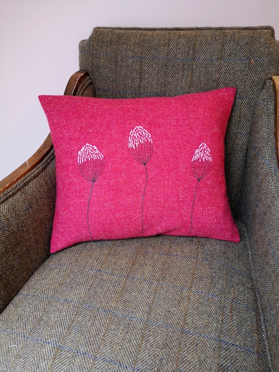Harris Tweed floral embroidered cushion cover