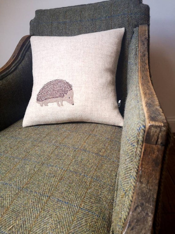 Hand Crafted Harris Tweed hedgehog embroidered cushion cover
