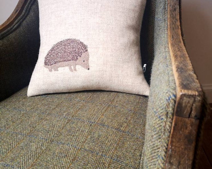 Hand Crafted Harris Tweed hedgehog embroidered cushion cover