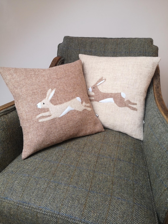 Hand Crafted Harris Tweed hare embroidered cushion cover