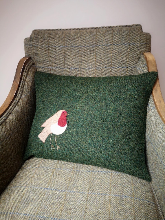 Harris Tweed Robin embroidered Cushion Cover