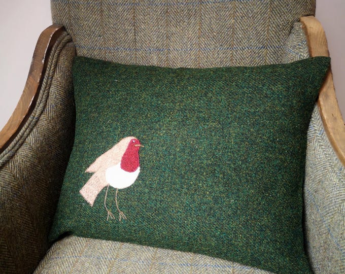 Harris Tweed Robin embroidered Cushion Cover