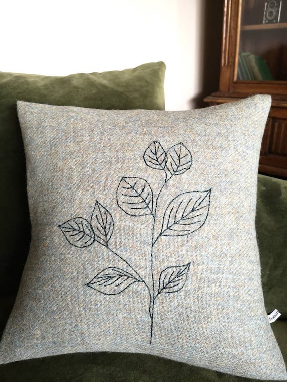 Hand Crafted Harris Tweed floral embroidered cushion cover