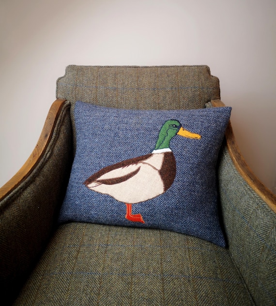 New Mallard duck embroidered Harris Tweed Cushion Cover