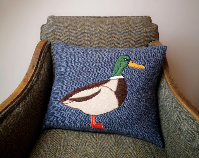 New Mallard duck embroidered Harris Tweed Cushion Cover