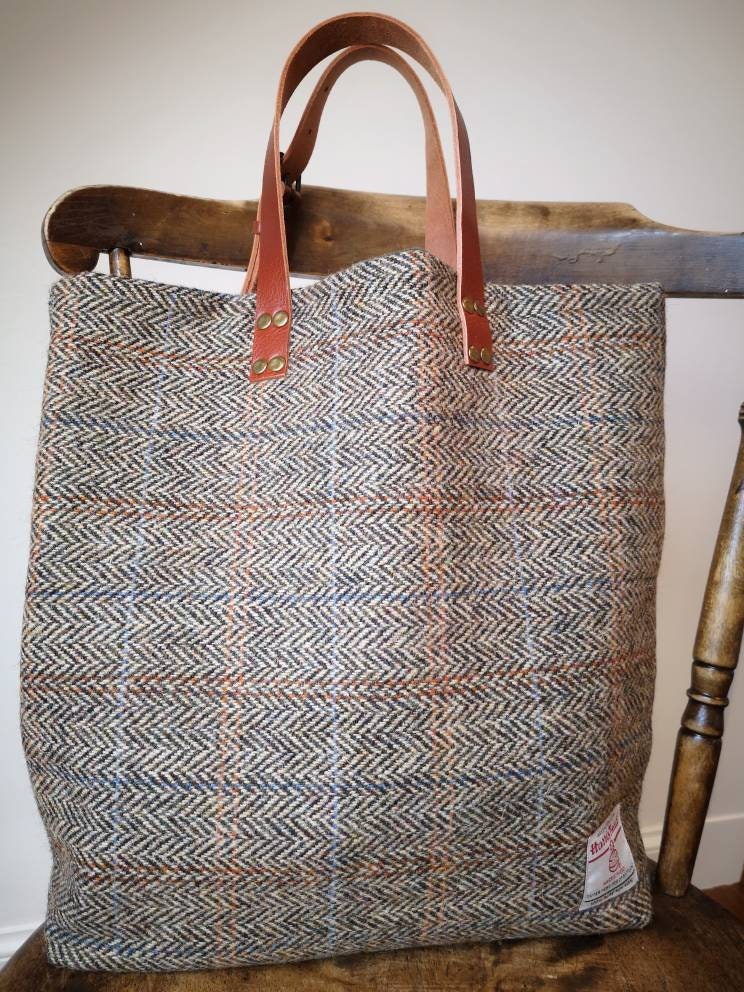 Hand Crafted Harris Tweed tote bag with real leather handles | Etsy